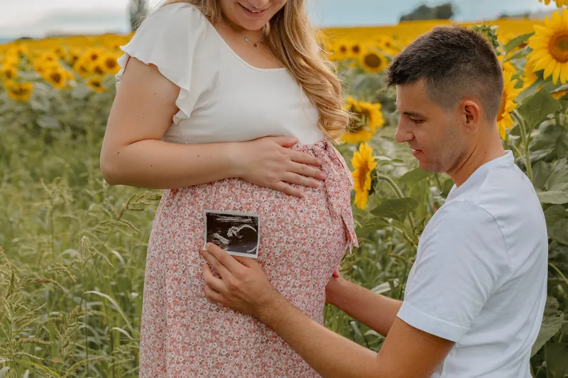 Ultraschallbild am Babybauch im Sonnenblumenfeld – Babybauchshooting im Freien